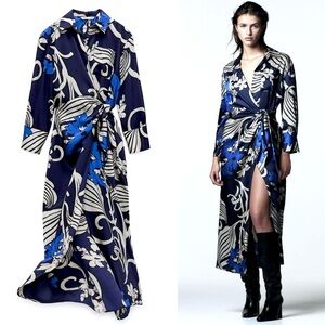 ZARA Satin Wrap Midi Dress Long Sleeve Pocket Chest Collared Floral Print